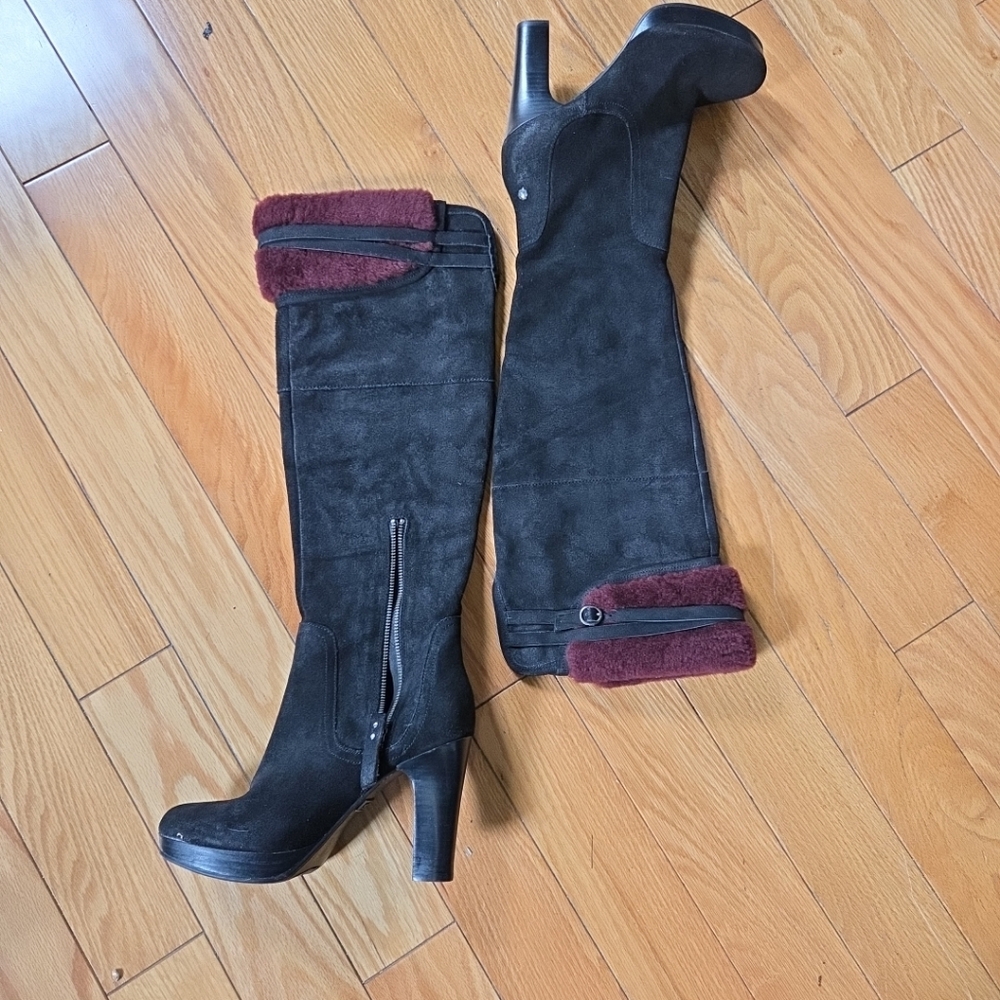 UGG Ophira black suede over-the-knee boots with a burgundy lamb fur cuff.